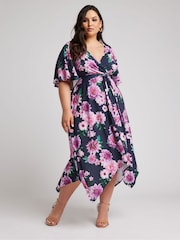 Yours Curve Blue Floral Hanky Hem Wrap Dress - Image 2 of 5