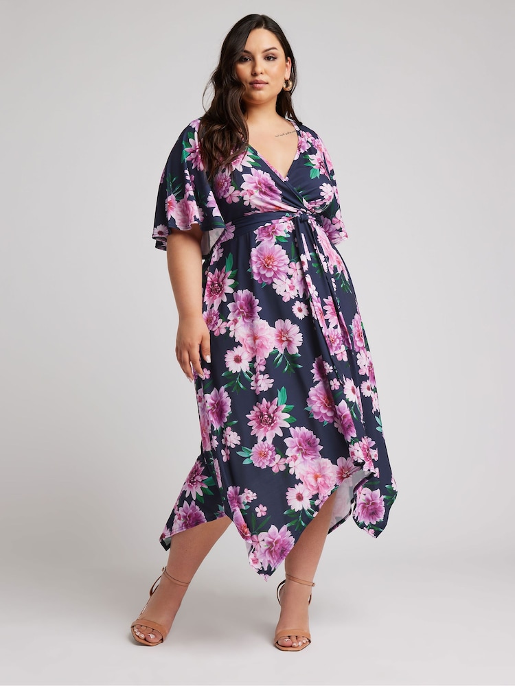 Yours Curve Blue Floral Hanky Hem Wrap Dress - Image 2 of 5