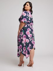 Yours Curve Blue Floral Hanky Hem Wrap Dress - Image 3 of 5