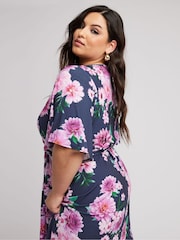 Yours Curve Blue Floral Hanky Hem Wrap Dress - Image 4 of 5