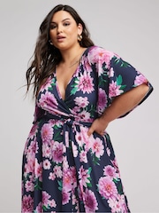 Yours Curve Blue Floral Hanky Hem Wrap Dress - Image 5 of 5