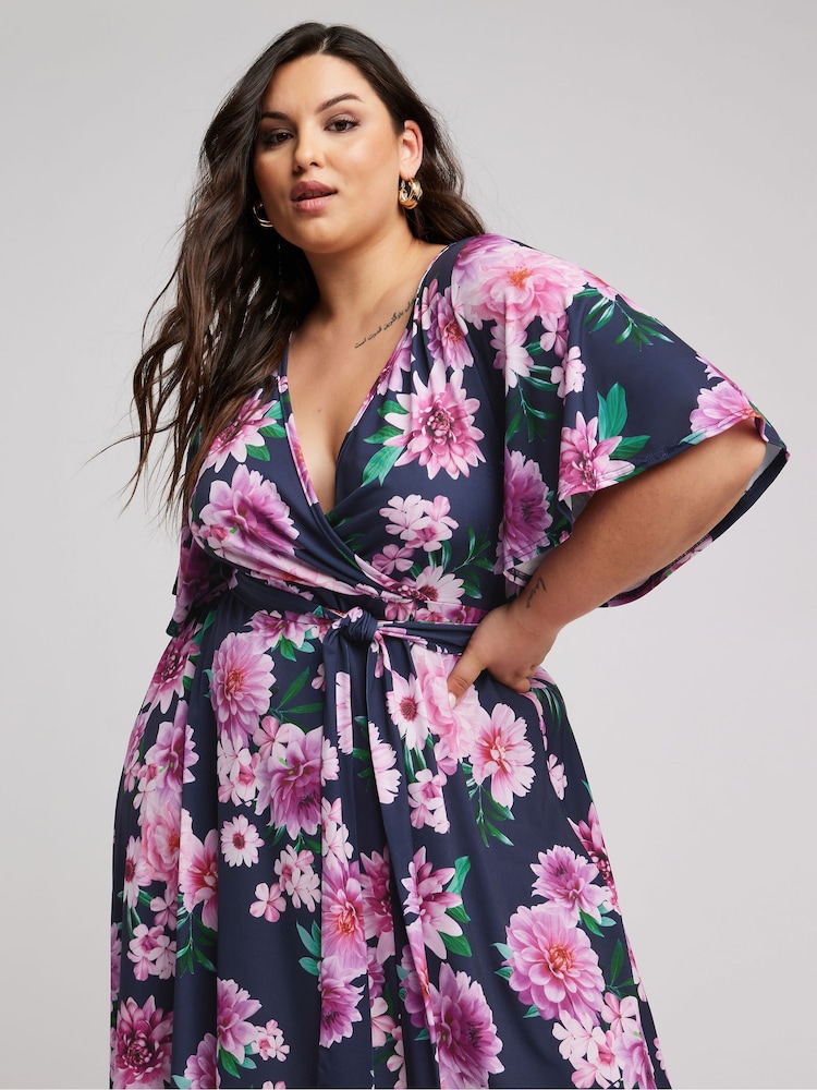 Yours Curve Blue Floral Hanky Hem Wrap Dress - Image 5 of 5