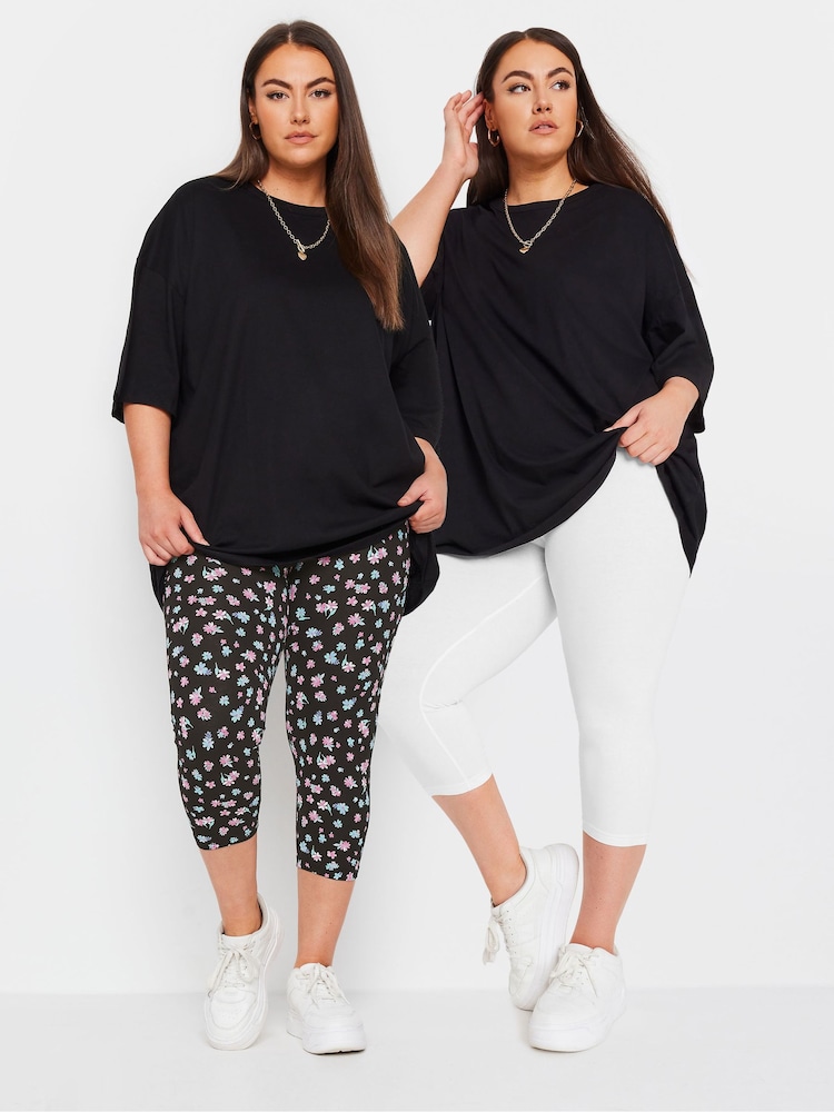 Yours Curve White 2 PACK Black & White Ditsy Floral Print Cropped Leggings - Image 1 of 5