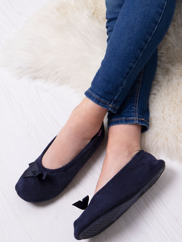 Totes Navy Isotoner Terry Ballet Slippers With Bow - Image 1 of 5