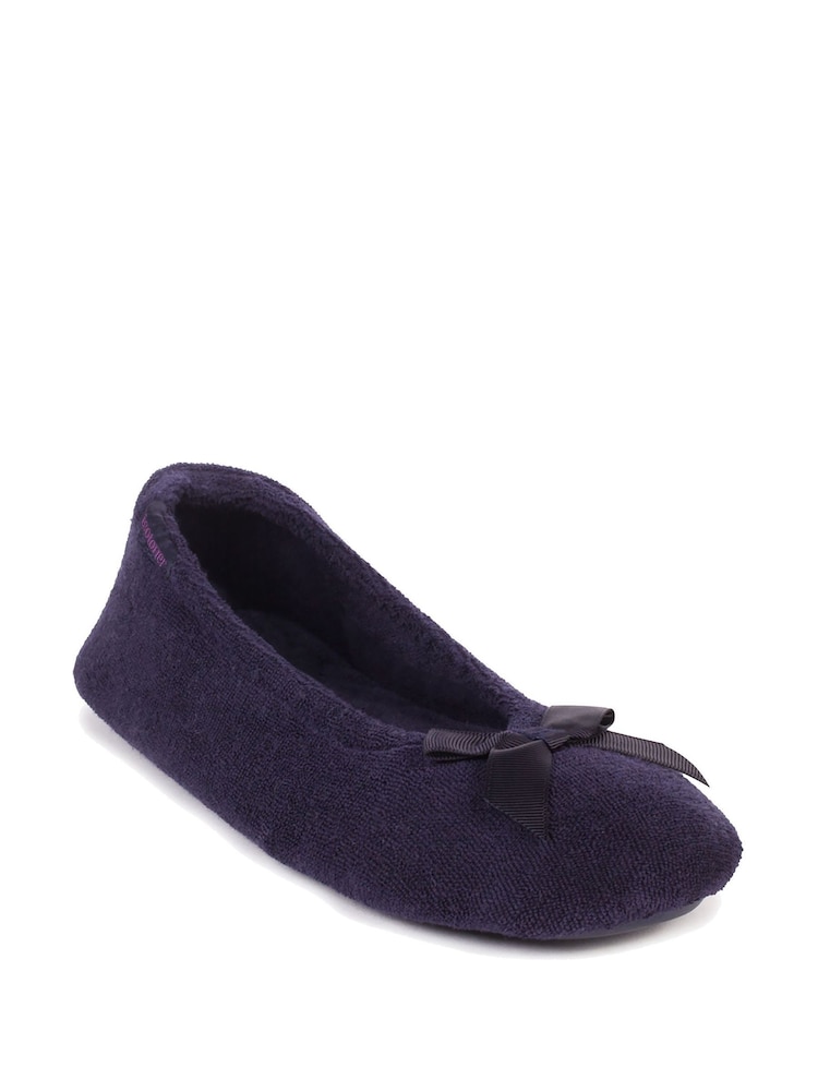Totes Navy Isotoner Terry Ballet Slippers With Bow - Image 2 of 5