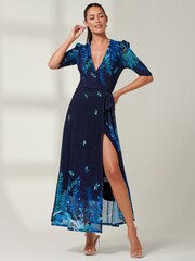 Jolie Moi Navy Blue Kinley Print Wrap Mesh Maxi Dress - Image 1 of 1