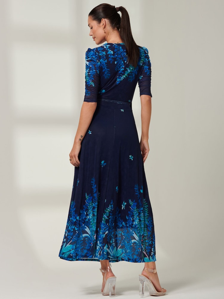 Jolie Moi Navy Blue Kinley Print Wrap Mesh Maxi Dress - Image 1 of 6
