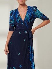 Jolie Moi Navy Blue Kinley Print Wrap Mesh Maxi Dress - Image 2 of 6