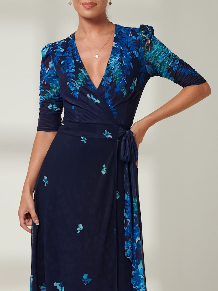 Jolie Moi Navy Blue Kinley Print Wrap Mesh Maxi Dress - Image 2 of 6