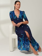 Jolie Moi Navy Blue Kinley Print Wrap Mesh Maxi Dress - Image 4 of 6