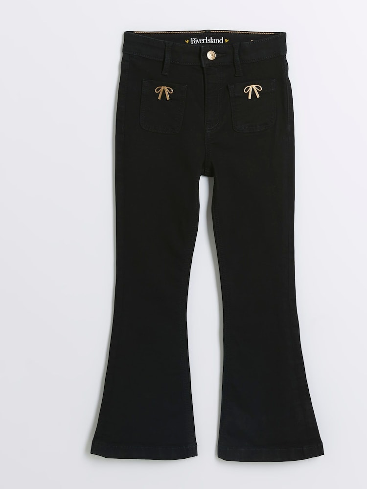 River Island Black Girls Bow Pocket Flare 100% Cotton Jeans - Image 1 of 4
