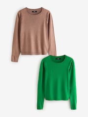Camel Brown/Bright Green Crew Neck Long Sleeve Jumper 2 Pack - Image 1 of 8