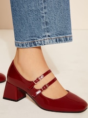 rdeča - Friends Like These Faux usnje Double Strap Block čevlji z visoko peto Mary Jane salonar - Slika 3 iz 4