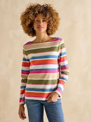 Joules Harbour Green & Pink Elevated Stripe Pastel Boat Neck Breton Top - Image 1 of 7