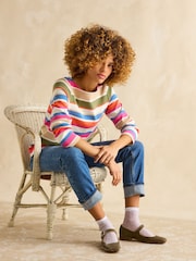 Joules Harbour Green & Pink Elevated Stripe Pastel Boat Neck Breton Top - Image 3 of 7