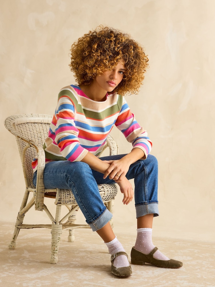 Joules Harbour Green & Pink Elevated Stripe Pastel Boat Neck Breton Top - Image 3 of 7