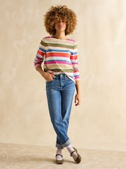 Joules Harbour Green & Pink Elevated Stripe Pastel Boat Neck Breton Top - Image 5 of 7