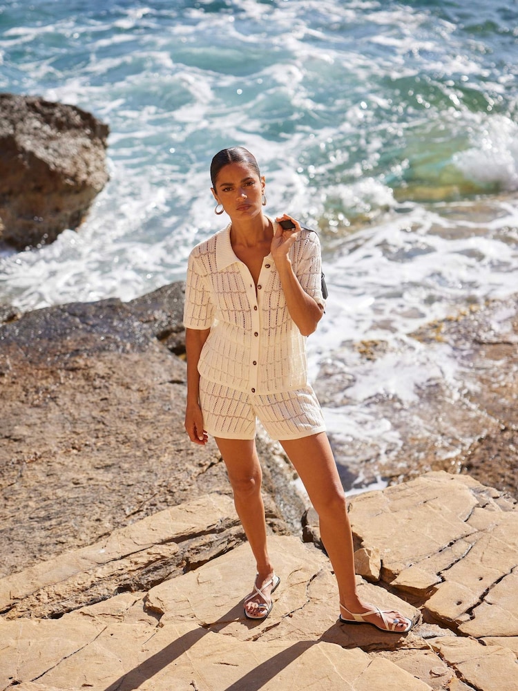 Ro&Zo White Open Stitch Knit Shorts With Linen - Image 2 of 6