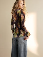 Black/Green Floral Pleated Long Sleeve Fitted Shirt - Image 2 of 5