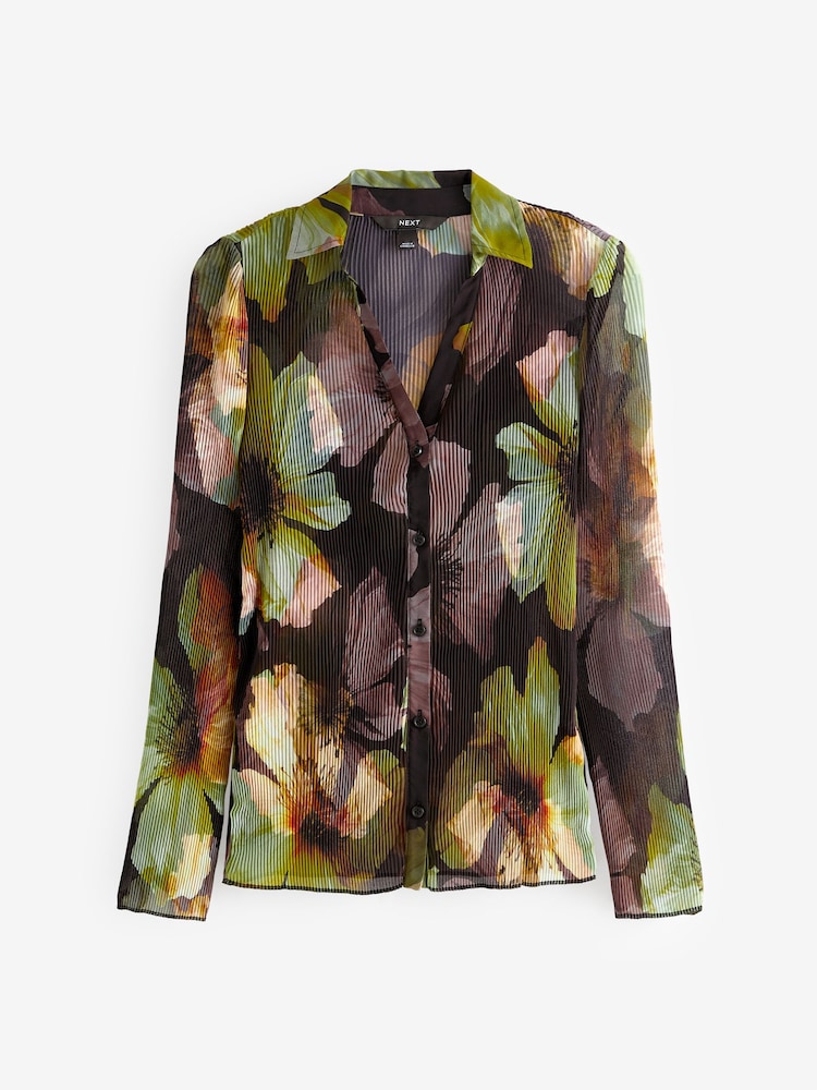 Black/Green Floral Pleated Long Sleeve Fitted Shirt - Image 4 of 5