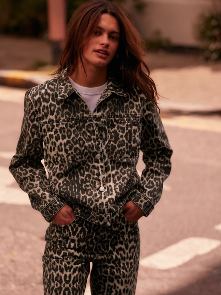Leopard Print 100% Cotton Boxy Denim Jacket - Image 1 of 8