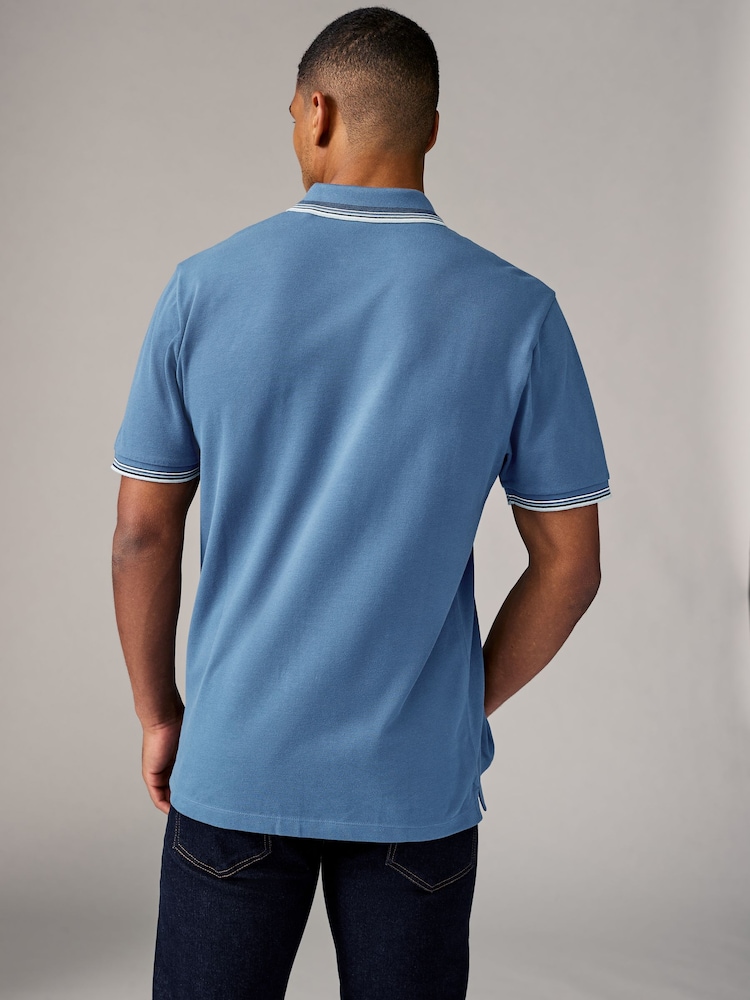 Mid Blue Regular Fit Short Sleeve Tipped Polo Shirt - Image 3 of 7