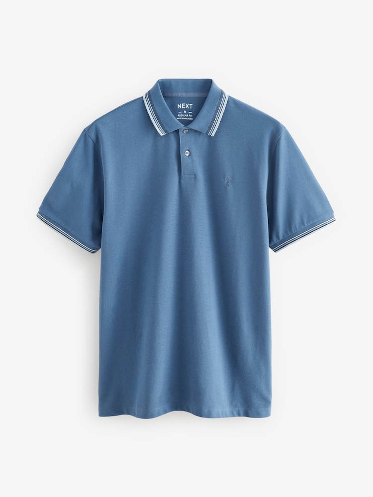 Mid Blue Regular Fit Short Sleeve Tipped Polo Shirt - Image 5 of 7