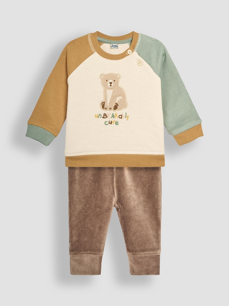 JoJo Maman Bébé Ecru Bear Sweatshirt & Cosy Trouser Baby Set - Image 1 of 10