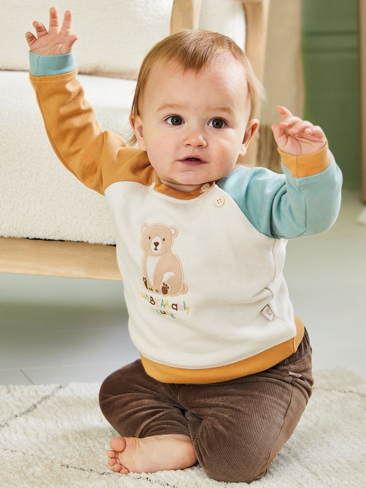 JoJo Maman Bébé Ecru Bear Sweatshirt & Cosy Trouser Baby Set - Image 6 of 10
