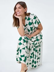 Roman Green Geometric Print Tiered Midi Dress - Image 1 of 5