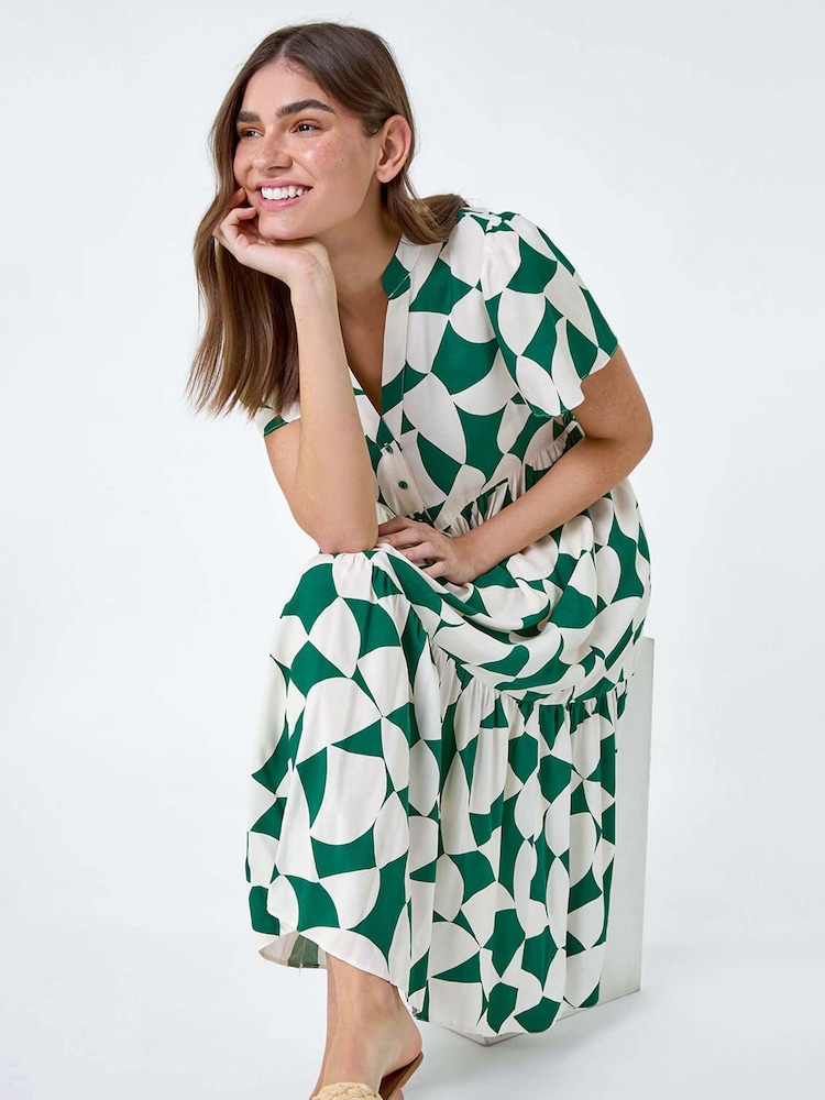 Roman Green Geometric Print Tiered Midi Dress - Image 1 of 5