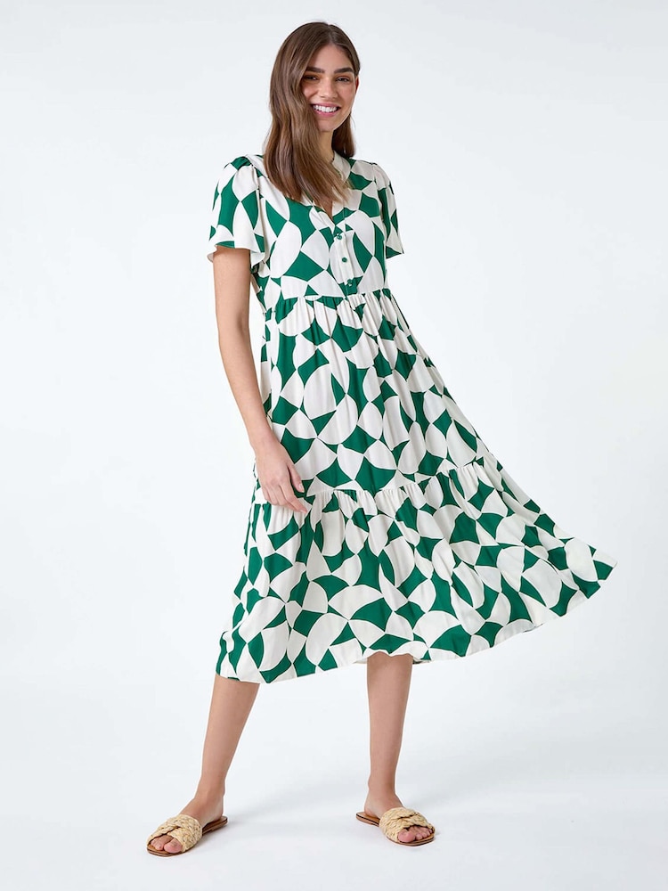 Roman Green Geometric Print Tiered Midi Dress - Image 2 of 5