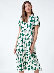 Roman Green Geometric Print Tiered Midi Dress - Image 4 of 5