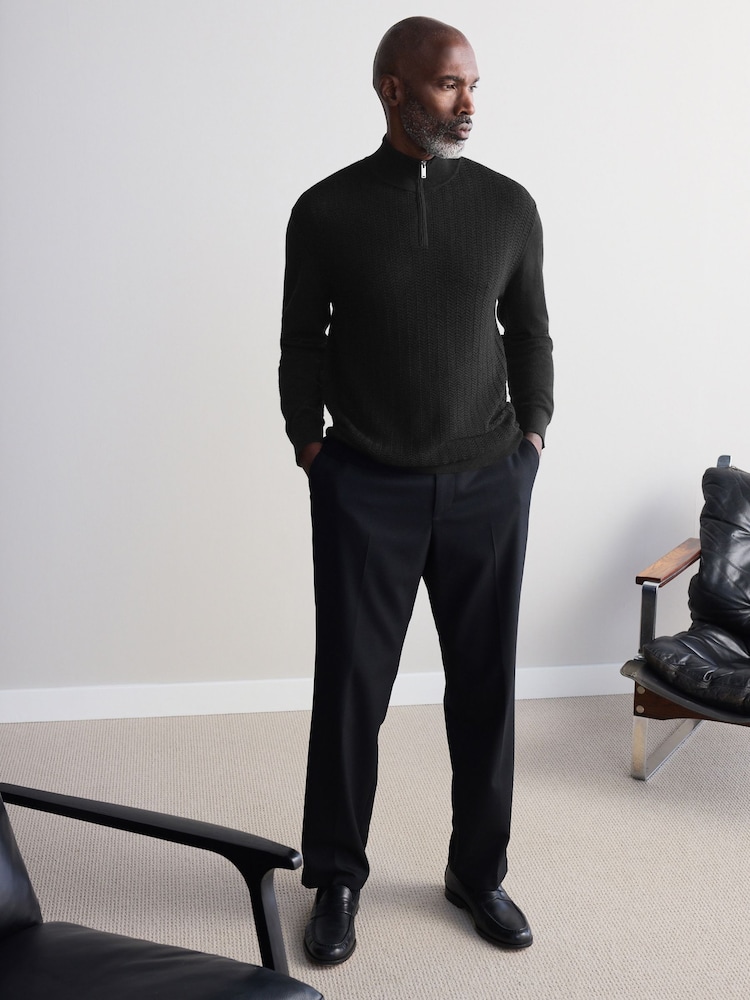 Black Regular Fit Signature 100% Merino Textured Quarter Zip Jumper - Image 1 of 8