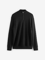 Black Regular Fit Signature 100% Merino Textured Quarter Zip Jumper - Image 6 of 8