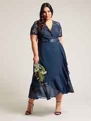 Yours Curve Blue Lace Wrap Ruffle Midi Dress - Image 1 of 2
