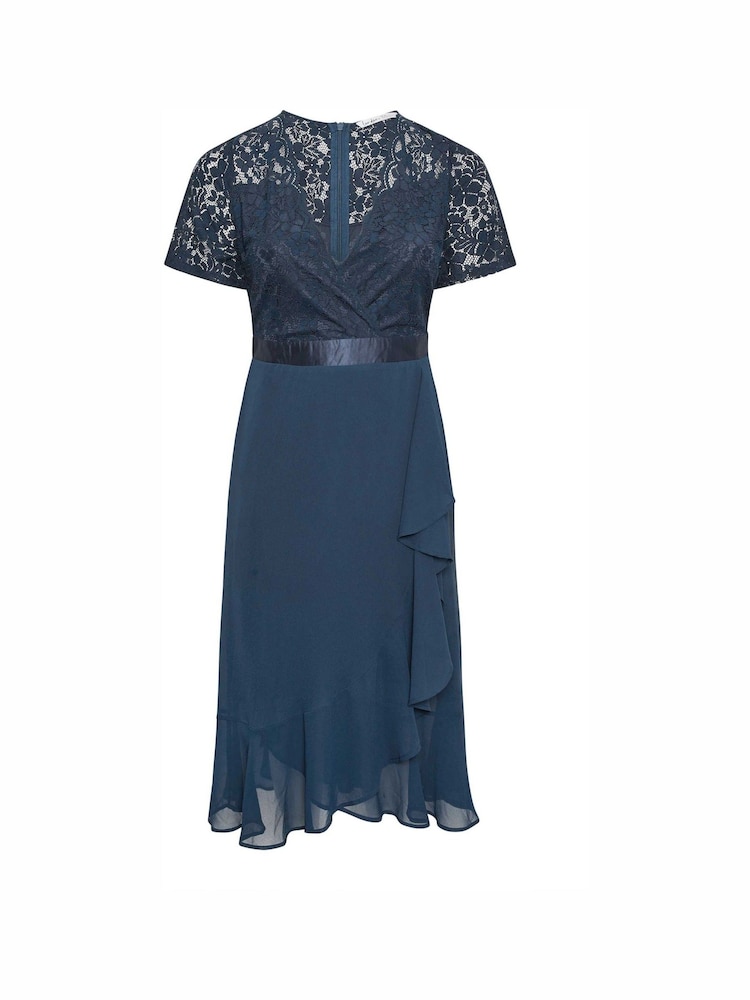 Yours Curve Blue Lace Wrap Ruffle Midi Dress - Image 2 of 2