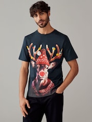 Marineblau mit Rentier - Weihnachtsshirt aus 100 % Baumwolle - Bild 1 von 1