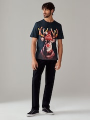 Navy Blue Reindeer Christmas 100% Cotton T-Shirt - Image 1 of 3