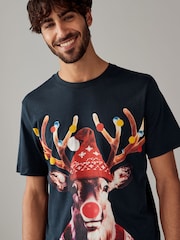 Navy Blue Reindeer Christmas 100% Cotton T-Shirt - Image 3 of 3
