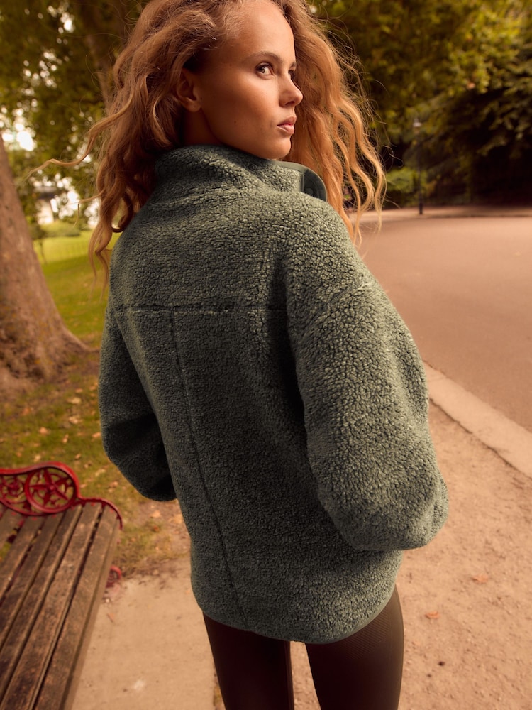 Khaki Green Woven Mix Teddy Borg Fleece Popper Front Jacket - Image 2 of 6