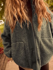 Khaki Green Woven Mix Teddy Borg Fleece Popper Front Jacket - Image 3 of 6