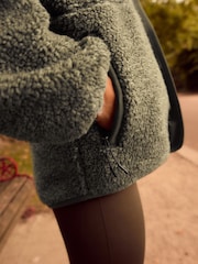 Khaki Green Woven Mix Teddy Borg Fleece Popper Front Jacket - Image 4 of 6