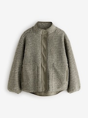 Khaki Green Woven Mix Teddy Borg Fleece Popper Front Jacket - Image 5 of 6