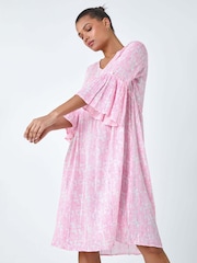Roman Pink Leaf Print Shimmer Smock Dress - Image 1 of 5