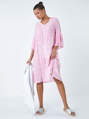 Roman Pink Leaf Print Shimmer Smock Dress - Image 2 of 5
