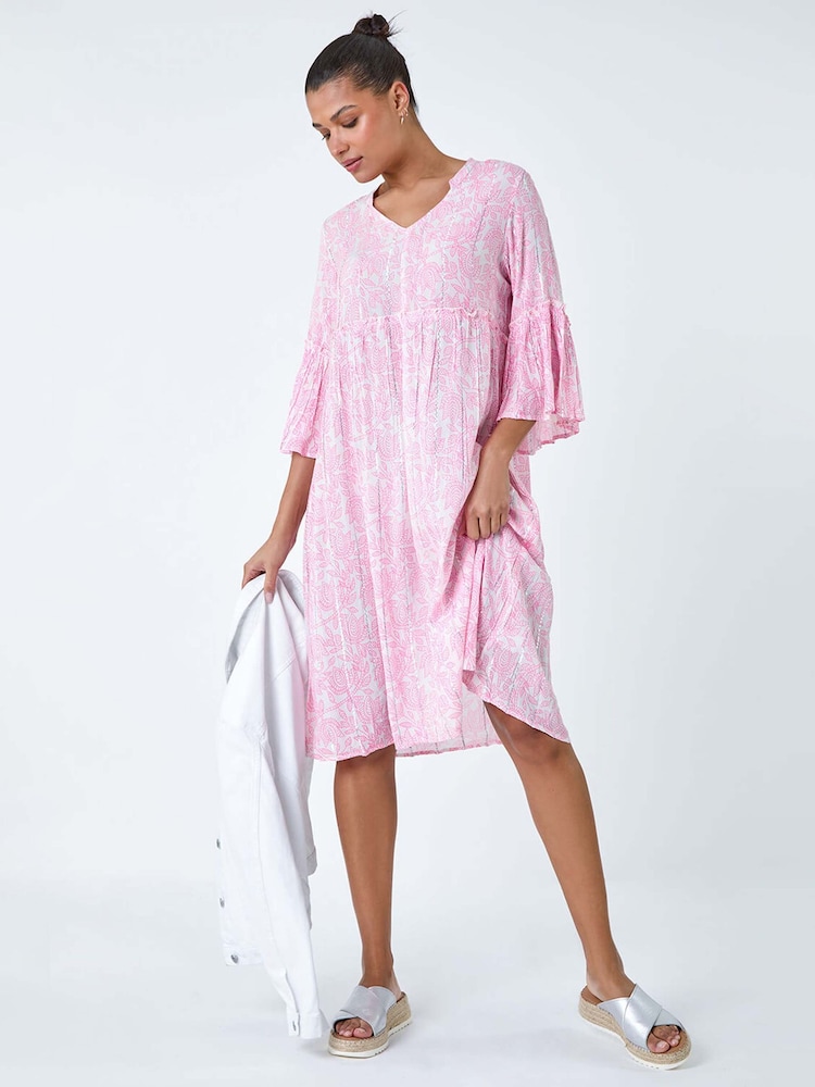 Roman Pink Leaf Print Shimmer Smock Dress - Image 2 of 5