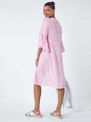Roman Pink Leaf Print Shimmer Smock Dress - Image 3 of 5