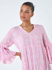 Roman Pink Leaf Print Shimmer Smock Dress - Image 4 of 5
