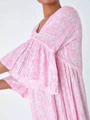 Roman Pink Leaf Print Shimmer Smock Dress - Image 5 of 5